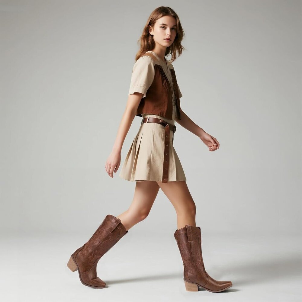 Women's Vintage Brown Pointed Toe Western Boots Embroidered Mid-calf Block Heel - Picture 3 of 7